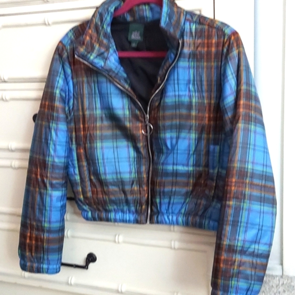 Wild Fable blue multi plaid puff cropped zip jacket Sz M